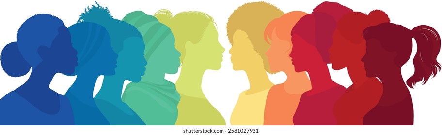 Communication group of multicultural women. face silhouette profile. Female social network community of diverse culture. Equality - Inclusion - Empowerment Colleagues. Rainbow colors