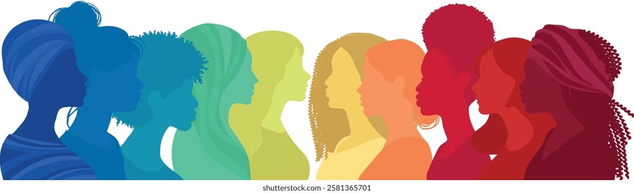 Communication group of multicultural women. Face silhouette profile. Female social network community of diverse culture. Empowerment - Inclusion - Equality - Colleagues.Rainbow colors