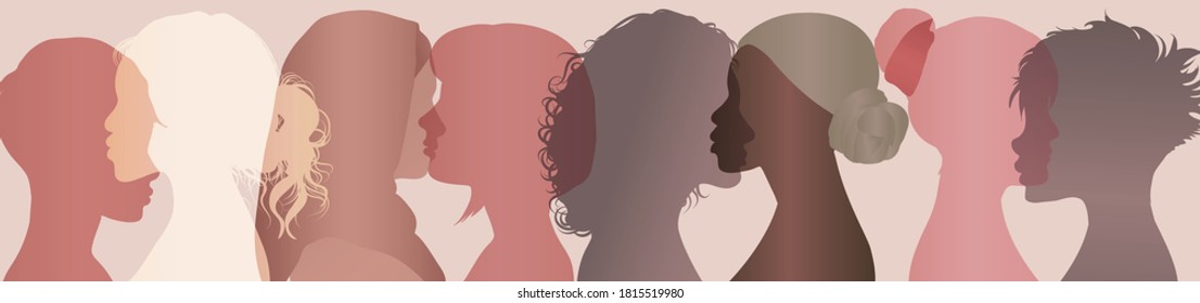 Communication group of multiethnic diversity women and girls face silhouette profile. Female social network community of diverse culture. Talk and share information. Friendship. Speak