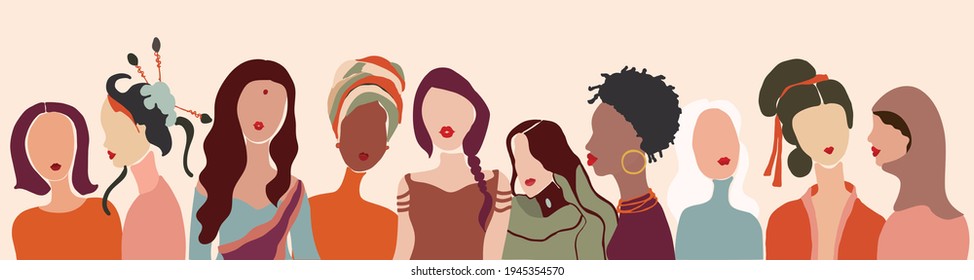 Communication group of multiethnic multicultural diversity women face. Female social network community of diverse culture. Talk and share information. Friendship.Speak.Racial equality