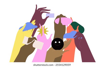 Communication, group opinion, society and public feedback. Concept with hands holding speech bubbles. Crowd sharing their opinions and emotions. Flat vector illustration on white background.