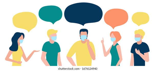 Communication of group of people with speech bubble in respiratory mask. Protection against disease. Men and women communicate, talk, discuss the news, social issues, are negotiating. Vector