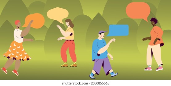 Communication of group of people with speech bubble Protection against disease. Different skin color. Men and women communicate, talk, discuss the news, social issues, are negotiating. Vector Flat