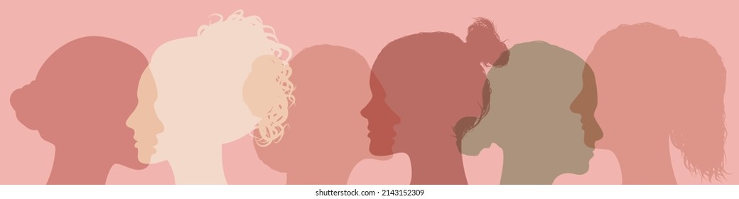 Communication group with women and girls face profile silhouette. Female social network community, haircut, beauty, talk, friendship, speak or share information concept. Vector illustration