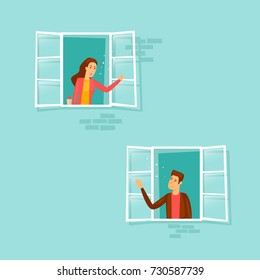 Communication. Guy and the girl are talking from the windows. Flat design vector illustration.