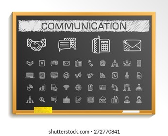 Communication hand drawing line icons. Vector doodle pictogram set: chalk sketch sign illustration on blackboard with hatch symbols: business, social, internet, mail, chat, meeting, speech, hand.