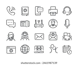 Iconos de línea de estilo de boceto de garabato dibujado a mano de comunicación. Ilustración vectorial.