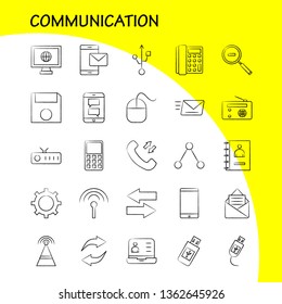 Communication Hand Drawn Icons Set For Infographics, Mobile UX/UI Kit And Print Design. Include: Call, Dial, Phone, Hours, Signals, Tower, Collection Modern Infographic Logo and Pictogram. - Vector