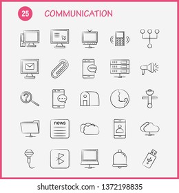 Communication Hand Drawn Icons Set For Infographics, Mobile UX/UI Kit And Print Design. Include: Signals, Data, Satellite, Booster, Tv, Television, Radio, Media, Collection Modern Infographic Logo and