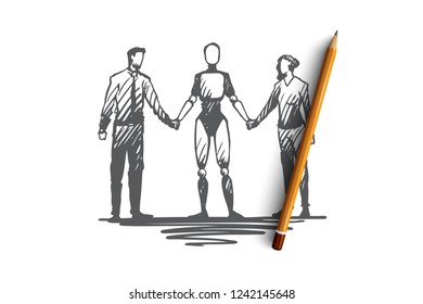 Communication, HCI, automation, businessman, partnership concept. Hand drawn partners hold hands with robot concept sketch. Isolated vector illustration.