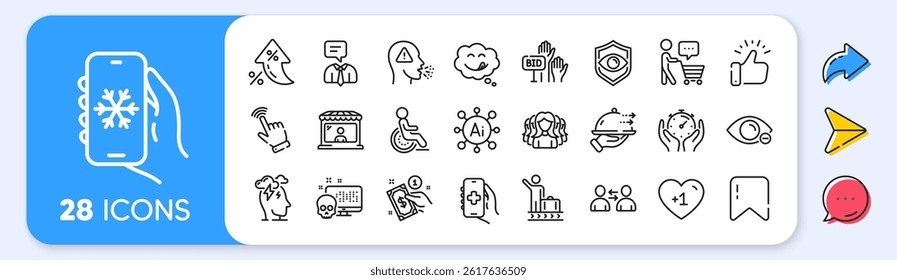 Communication, Health app and Eye detect line icons. Interest rate, AI generate, Inflation icons. Pack of Buyer think, Market seller, Luggage belt icon. Timer, Cough, Food delivery pictogram. Vector