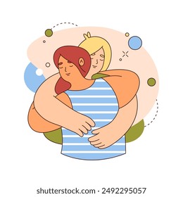 Communication helping to relief stress and stay mentally healthy. Vector flat cartoon characters hugging, friends talking or supporting each other. Friendship and relationship