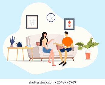 Communication at home concept. Man and girl sitting in living room. Home in comfort. Midday romantic lunch, family communication. Cartoon flat vector illustration