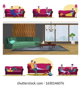 Communication at home set. Couple, singles, friends sitting on couch, living room interior. Flat vector illustrations. Relationship, leisure concept for banner, website design or landing web page