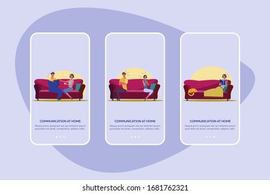 Communication at home set. Couple, singles, friends sitting on couch, living room interior. Flat vector illustrations. Relationship, leisure concept for banner, website design or landing web page