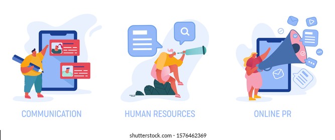 Communication, Human Resources, Online Pr Set Isolated on White Background. People Using Gadgets and Smart Technologies in Social Media Promotion Services and Research Cartoon Flat Vector Illustration