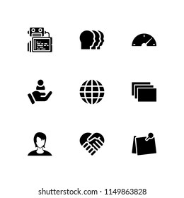 communication icon. 9 communication set with handshake, global, internet and post it vector icons for web and mobile app