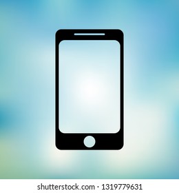 Communication icon. Black phone. Telephone on blurred background of sky.