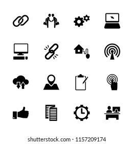Communication icon. collection of 16 communication filled icons such as gear, chain, touchscreen, thumb up, clock in gear. editable communication icons for web and mobile.