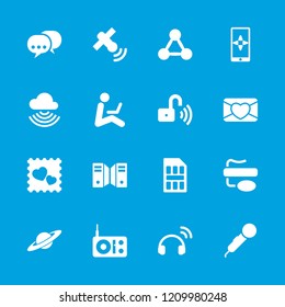 Communication icon. collection of 16 communication filled icons such as microphone, photo with heart, network connection. editable communication icons for web and mobile.