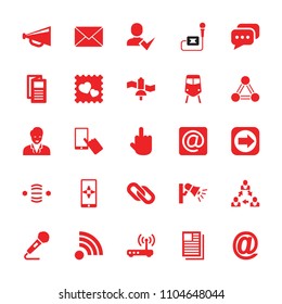 Communication icon. collection of 25 communication filled icons such as train, finger on display, megaphone, news. editable communication icons for web and mobile.