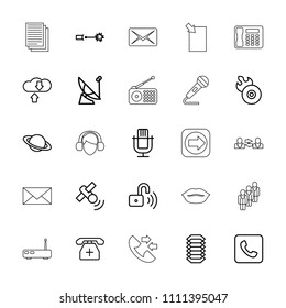Communication icon. collection of 25 communication outline icons such as microphone, planet, disc flame, medical phone. editable communication icons for web and mobile.