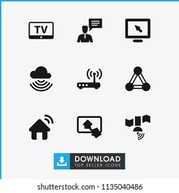 Communication icon. collection of 9 communication filled icons such as connection, tv, display, man with chat bubblle, router. editable communication icons for web and mobile.
