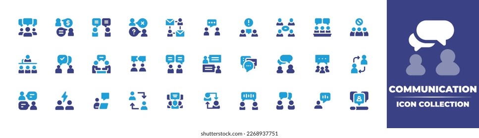 Communication icon collection. Duotone color. Vector illustration. Containing discussion, communication, quiz, communications, meeting, no racism, public, interview, collaboration, chat, conversation.