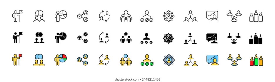 Kollektion des Kommunikationssymbols. Linear, Silhouette und flacher Stil. Vektorsymbole
