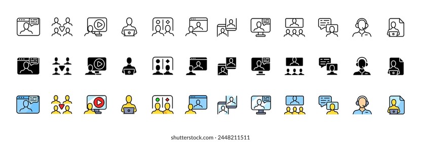 Communication icon collection. Linear, silhouette and flat style. Vector icons