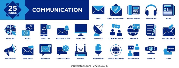 Conjunto de coleta de ícone de comunicação. Email, Chamada de vídeo, Interação, Notícias, Fone de ouvido, Telefone comercial, Microfone, Webcam, Bate-papo, Ícone de mídia