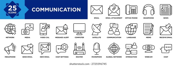 Conjunto de coleta de ícone de comunicação. Email, Chamada de vídeo, Interação, Notícias, Fone de ouvido, Telefone comercial, Microfone, Webcam, Bate-papo, Ícone de mídia