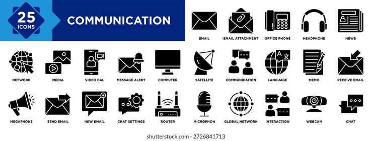 Conjunto de colección de iconos de comunicación. Video Correo electrónico, Cal, Interacción, Noticias, Auriculares, Teléfono de oficina, Micrófono, Cámara web, Chat, Icono de medios