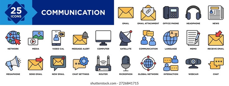 Conjunto de colección de iconos de comunicación. Video Correo electrónico, Cal, Interacción, Noticias, Auriculares, Teléfono de oficina, Micrófono, Cámara web, Chat, Icono de medios