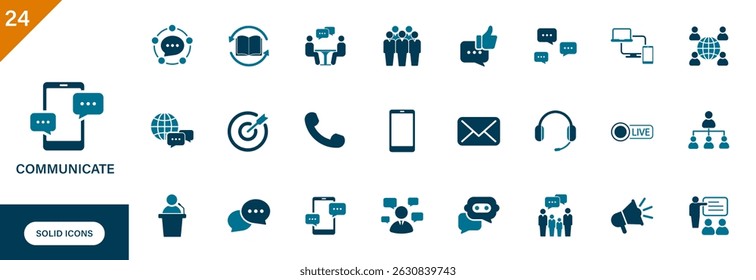 Communication icon. Containing contact, chat, social network, talk. Solid vector icon set.