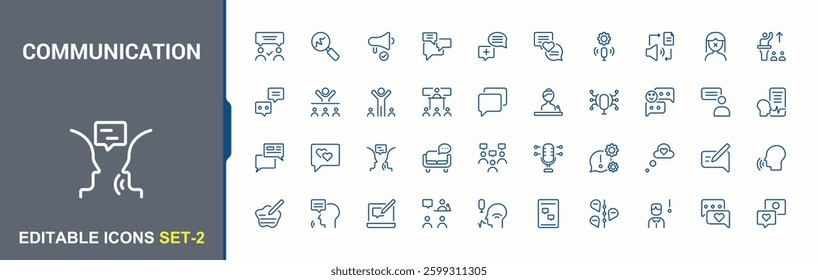 Communication icon. Featuring discussion, election, broadcaster, lecture, storytelling and more. Rhetoric icon set in linear style. Minimalist icons collection. Pixel perfect. Vector illustration.