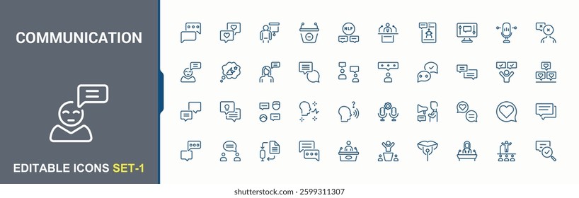 Communication icon. Featuring discussion, election, broadcaster, lecture, storytelling and more. Rhetoric icon set in linear style. Minimalist icons collection. Pixel perfect. Vector illustration.