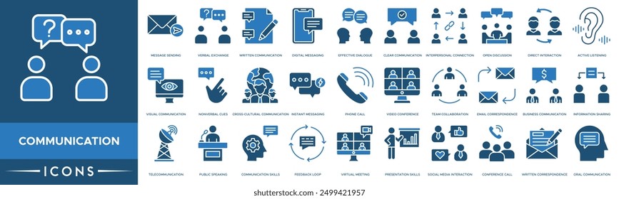 Icono de comunicación. Envío de mensajes, Intercambio verbal, Comunicación escrita, Mensajería digital, Diálogo efectivo, Comunicación clara, Conexión interpersonal y Debate abierto