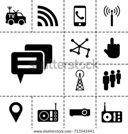 Communication icon. set of 13 filled communication icons such as signal tower, middle finger, connection, radio, tv van, location pin, router, group, chat, phone call