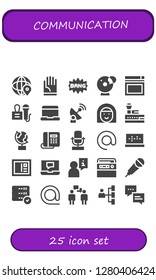  communication icon set. 25 filled communication icons. Simple modern icons about  - World, Hand, Comic, Cam, Website, Press, Laptop, Satellite, Avatar, Control tower, Globe, Telephone