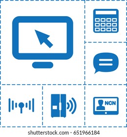 Communication icon. set of 6 communication filled icons such as calculator, chat, signal, intercom, badge