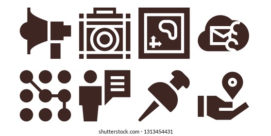communication icon set. 8 filled communication icons.  Collection Of - Pattern, Megaphone, User, Amplifier, Pin, Map, Location pin, Email