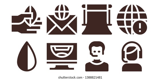 communication icon set. 8 filled communication icons.  Collection Of - Negative, Hand, Computer, Email, Operator, Background, Customer service, Earth grid