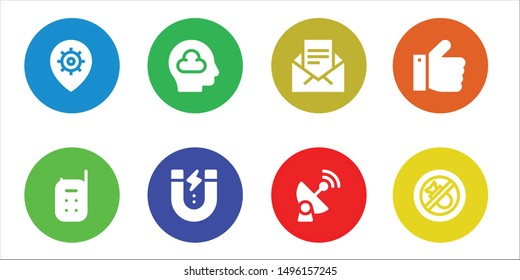 communication icon set. 8 filled communication icons.  Simple modern icons about  - Settings, Baby monitor, Thinking, Content, Email, Satellite, Thumbs up, Bombing
