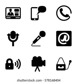 communication icon. Set of 9 communication filled icons such as call, TV speaker, camera, microphone, at email, security lock