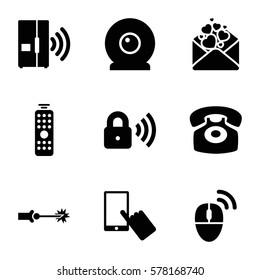 communication icon. Set of 9 communication filled icons such as finger on display, love letter, desk phone, security lock, remote control, web camera, intercom, computer mouse