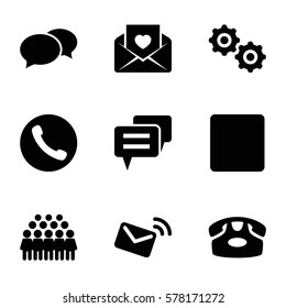 communication icon. Set of 9 communication filled icons such as desk phone, chat, group, love letter, stop, gear, mail