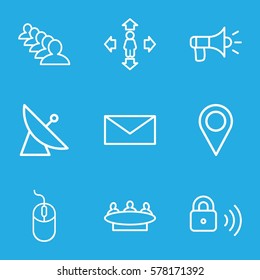 communication icon. Set of 9 communication outline icons such as satellite, mail, group, mouse, man move, security lock, megaphone
