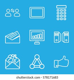 communication icon. Set of 9 communication outline icons such as connection, signal, love letter, tablet, thumb up, letter, intercom, user communicatrion