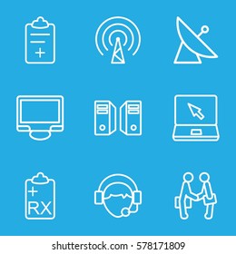 communication icon. Set of 9 communication outline icons such as satellite, laptop, display, operator, medical clipboard, clipboard, businessman shaking hands, signal